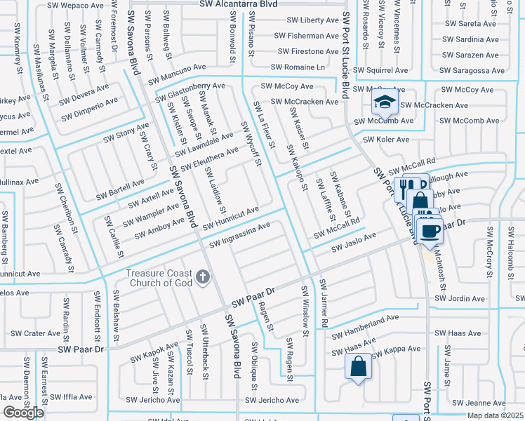 map of restaurants, bars, coffee shops, grocery stores, and more near 1114 Southwest Hunnicut Avenue in Port St. Lucie