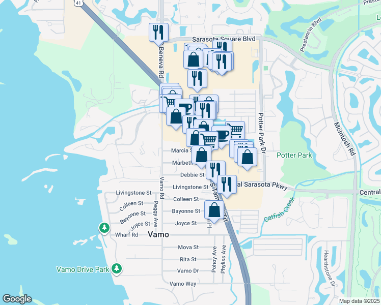 map of restaurants, bars, coffee shops, grocery stores, and more near 1922 Marcia Street in Sarasota