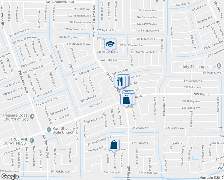 map of restaurants, bars, coffee shops, grocery stores, and more near 3921 Southwest McIntyre Street in Port St. Lucie