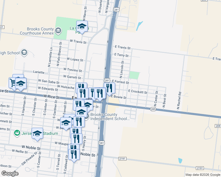 map of restaurants, bars, coffee shops, grocery stores, and more near 500 East Crockett Street in Falfurrias