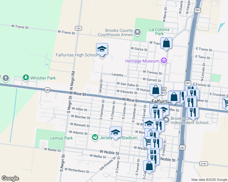 map of restaurants, bars, coffee shops, grocery stores, and more near 153 North Chester Street in Falfurrias