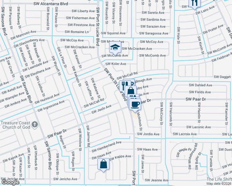 map of restaurants, bars, coffee shops, grocery stores, and more near 3911 Southwest McIntyre Street in Port St. Lucie