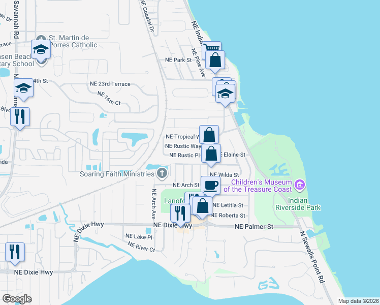 map of restaurants, bars, coffee shops, grocery stores, and more near 2316 Northeast Rustic Place in Jensen Beach