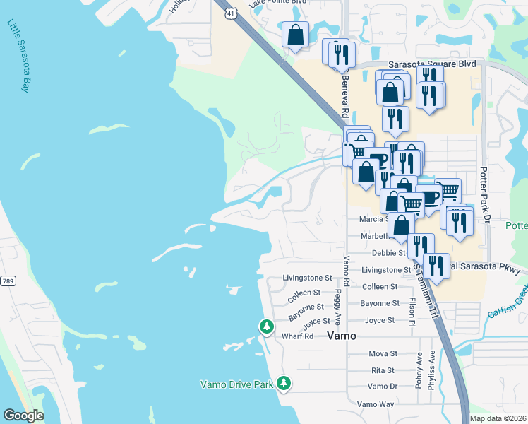 map of restaurants, bars, coffee shops, grocery stores, and more near 1601 Pelican Point Drive in Sarasota