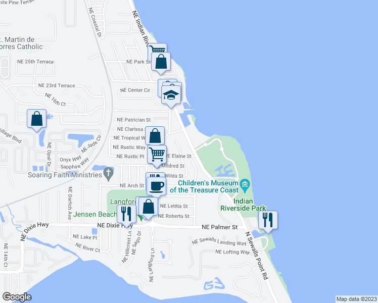 map of restaurants, bars, coffee shops, grocery stores, and more near 1906 Northeast Media Avenue in Jensen Beach
