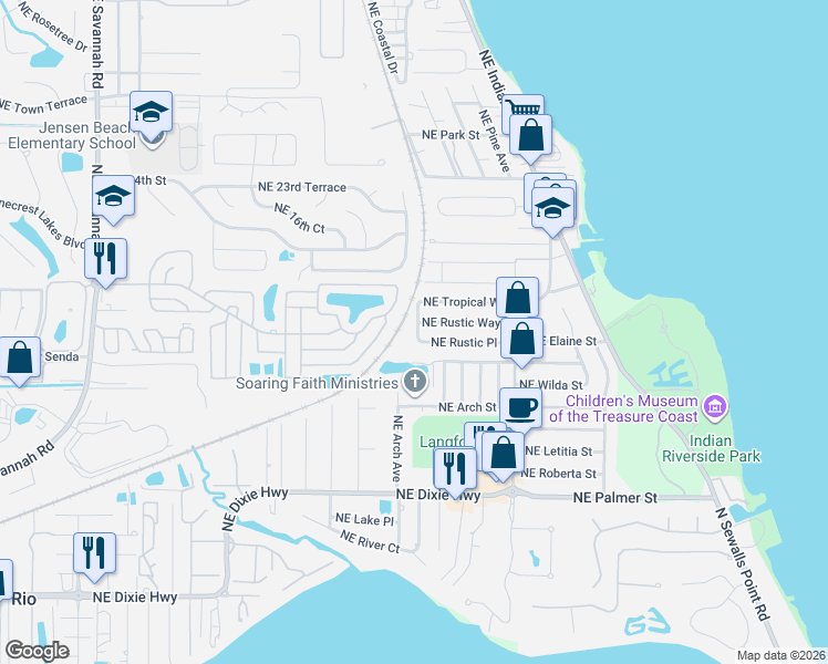 map of restaurants, bars, coffee shops, grocery stores, and more near 2163 Northeast Pine Ridge Street in Jensen Beach