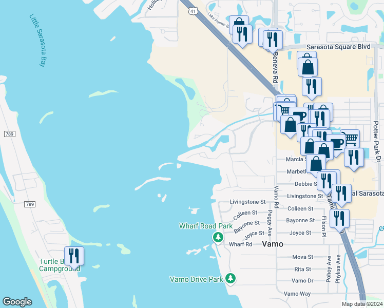 map of restaurants, bars, coffee shops, grocery stores, and more near 1512 Pelican Point Drive in Sarasota