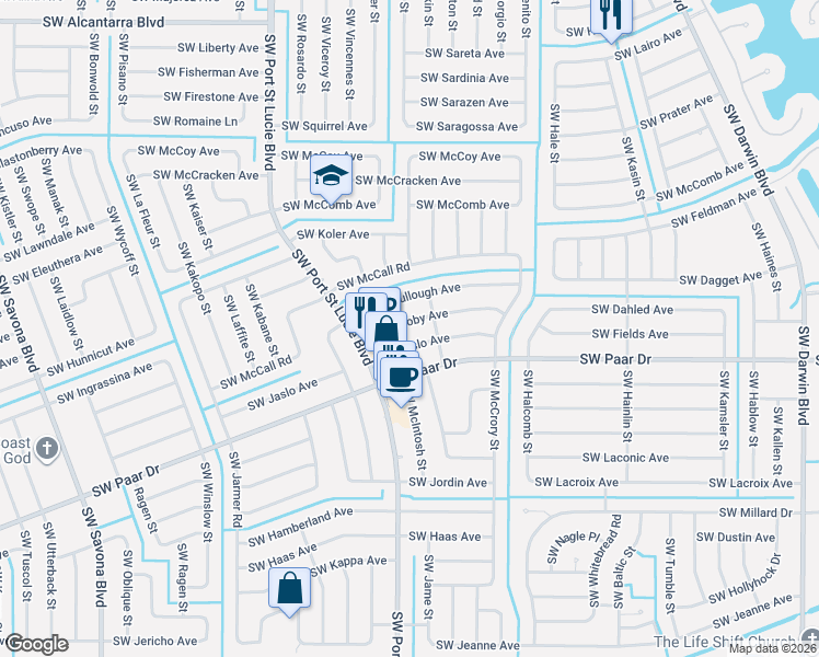 map of restaurants, bars, coffee shops, grocery stores, and more near 738 Southwest Jaslo Avenue in Port St. Lucie