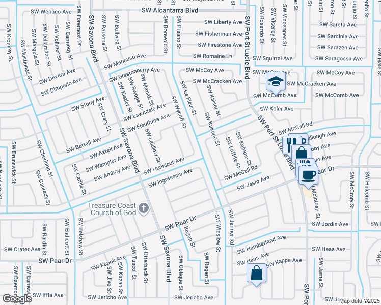 map of restaurants, bars, coffee shops, grocery stores, and more near 1114 Southwest Hunnicut Avenue in Port St. Lucie