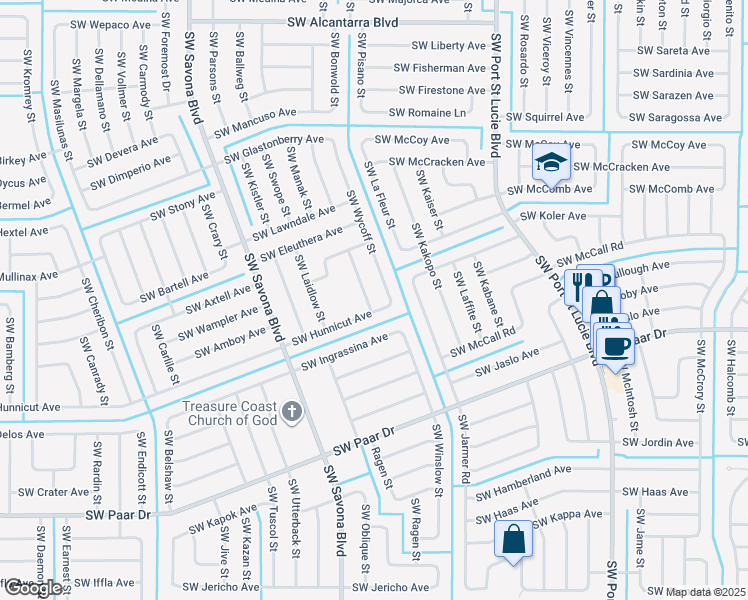 map of restaurants, bars, coffee shops, grocery stores, and more near 3881 Southwest Janiga Street in Port St. Lucie