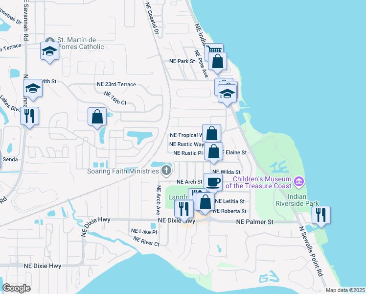 map of restaurants, bars, coffee shops, grocery stores, and more near 2192 Northeast Tropical Way in Jensen Beach