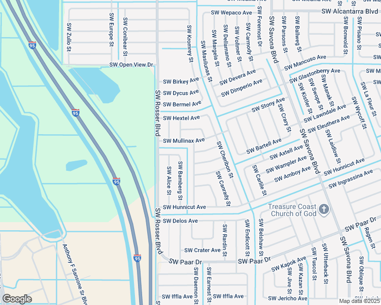 map of restaurants, bars, coffee shops, grocery stores, and more near 1574 Southwest Mullinax Avenue in Port St. Lucie