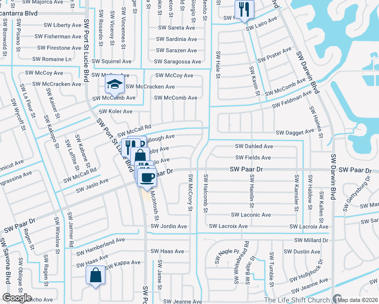 map of restaurants, bars, coffee shops, grocery stores, and more near 3912 Southwest McCrory Street in Port St. Lucie