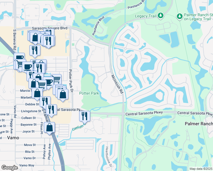 map of restaurants, bars, coffee shops, grocery stores, and more near 8450 McIntosh Road in Sarasota