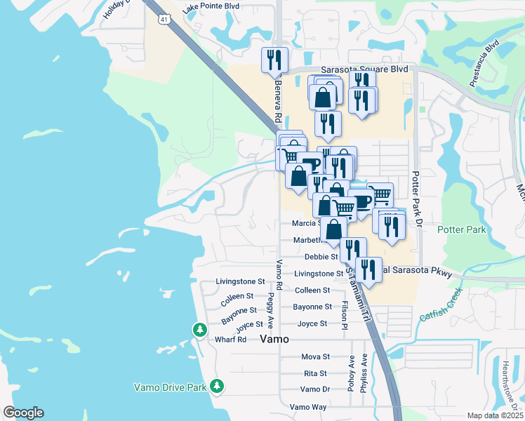 map of restaurants, bars, coffee shops, grocery stores, and more near 8400 Vamo Road in Sarasota