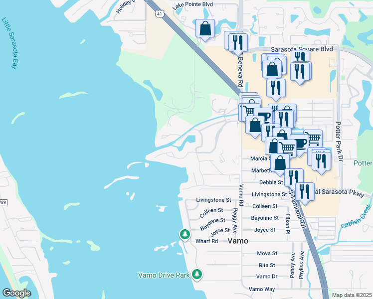 map of restaurants, bars, coffee shops, grocery stores, and more near 1531 Clower Creek Drive in Sarasota