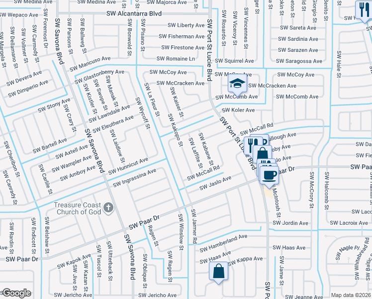map of restaurants, bars, coffee shops, grocery stores, and more near 3917 Southwest Kakopo Street in Port St. Lucie