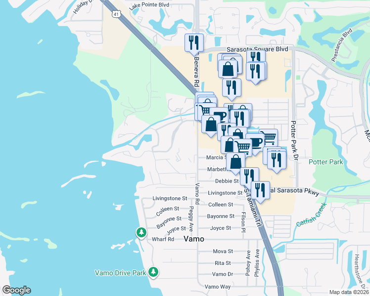 map of restaurants, bars, coffee shops, grocery stores, and more near 8400 Vamo Road in Sarasota