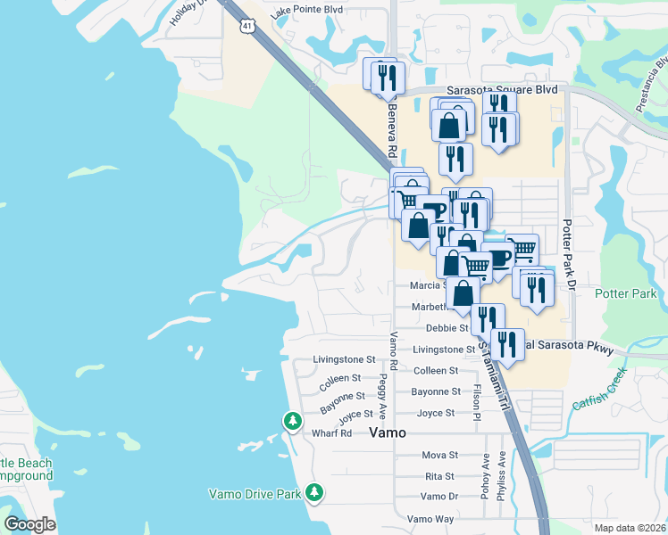 map of restaurants, bars, coffee shops, grocery stores, and more near 1516 Pelican Cove Road in Sarasota