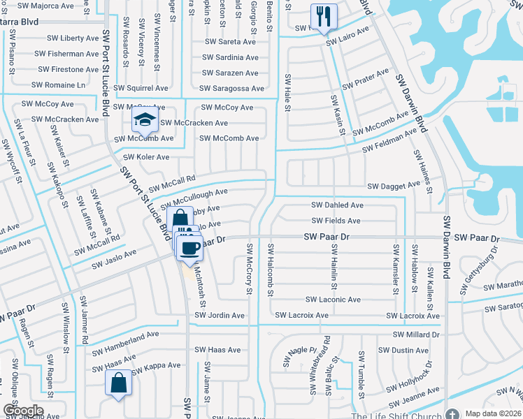 map of restaurants, bars, coffee shops, grocery stores, and more near 3871 Southwest McCrory Street in Port St. Lucie