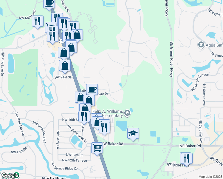 map of restaurants, bars, coffee shops, grocery stores, and more near 701 Northwest Waterlily Place in Jensen Beach