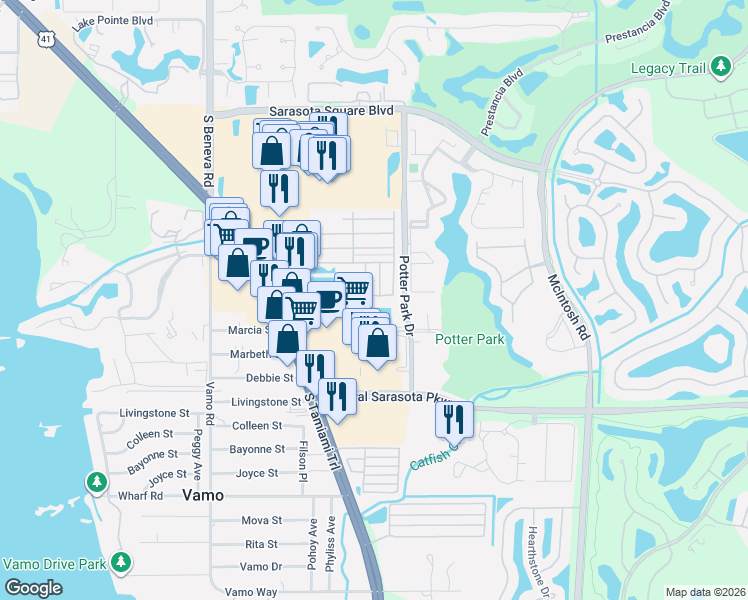 map of restaurants, bars, coffee shops, grocery stores, and more near 8415 Carrie Lane in Sarasota