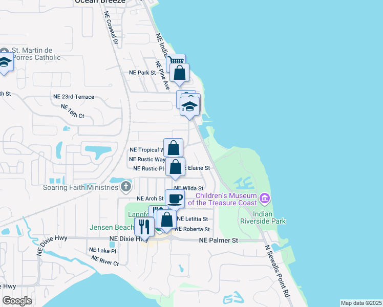 map of restaurants, bars, coffee shops, grocery stores, and more near 2058 Northeast Ridge Avenue in Jensen Beach