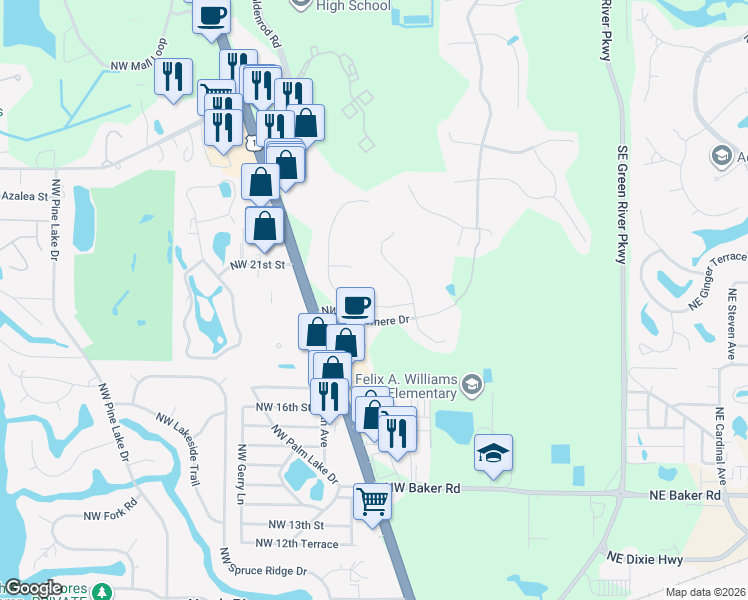 map of restaurants, bars, coffee shops, grocery stores, and more near 741 Northwest Waterlily Place in Jensen Beach