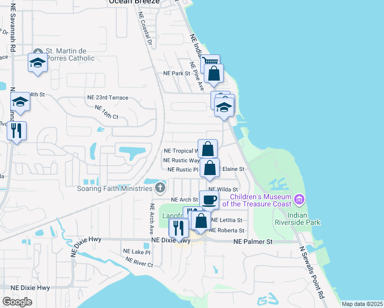 map of restaurants, bars, coffee shops, grocery stores, and more near 2312 Northeast Tropical Way in Jensen Beach