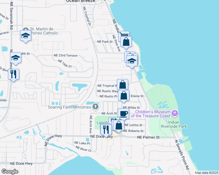 map of restaurants, bars, coffee shops, grocery stores, and more near 2312 Northeast Tropical Way in Jensen Beach