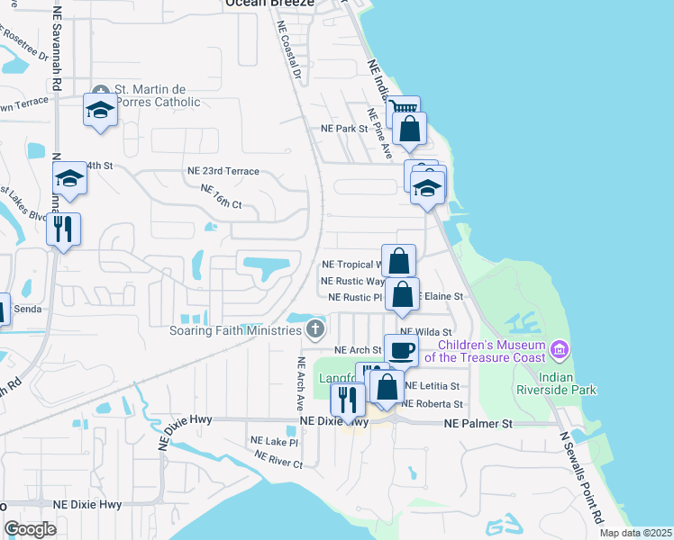 map of restaurants, bars, coffee shops, grocery stores, and more near 2192 Northeast Tropical Way in Jensen Beach