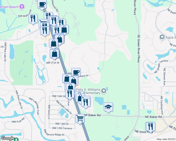 map of restaurants, bars, coffee shops, grocery stores, and more near 701 Northwest Waterlily Place in Jensen Beach