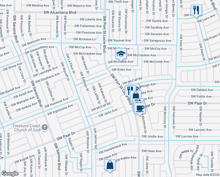 map of restaurants, bars, coffee shops, grocery stores, and more near 927 Southwest McCall Road in Port St. Lucie
