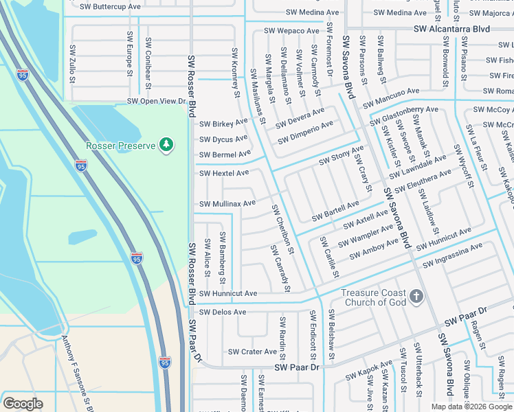 map of restaurants, bars, coffee shops, grocery stores, and more near 1542 SW Mullinax Ave in Port St Lucie