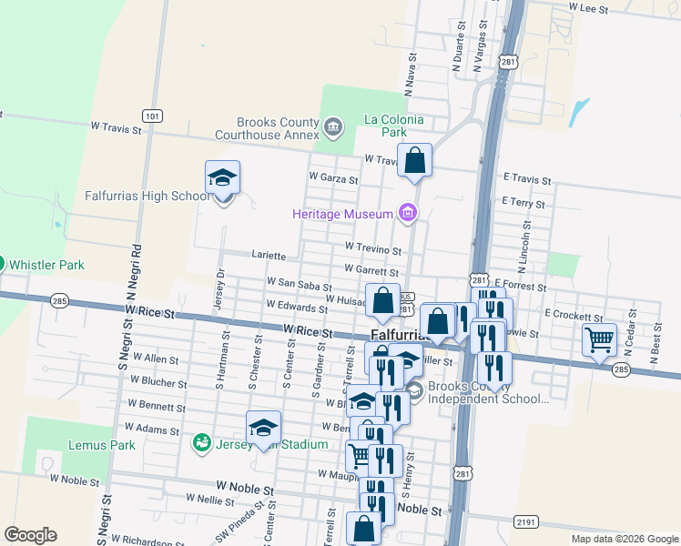 map of restaurants, bars, coffee shops, grocery stores, and more near 313 North Terrell Street in Falfurrias