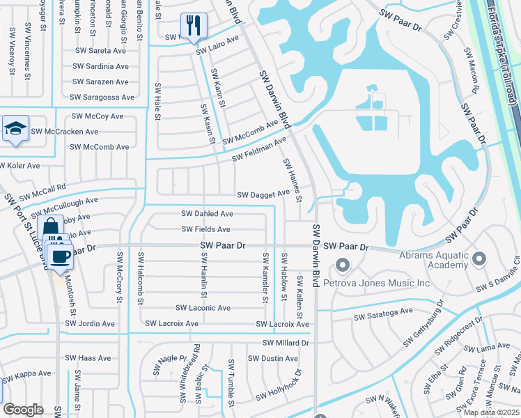 map of restaurants, bars, coffee shops, grocery stores, and more near 407 Southwest Dahled Avenue in Port St. Lucie