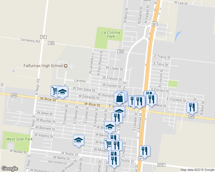map of restaurants, bars, coffee shops, grocery stores, and more near 313 North Terrell Street in Falfurrias