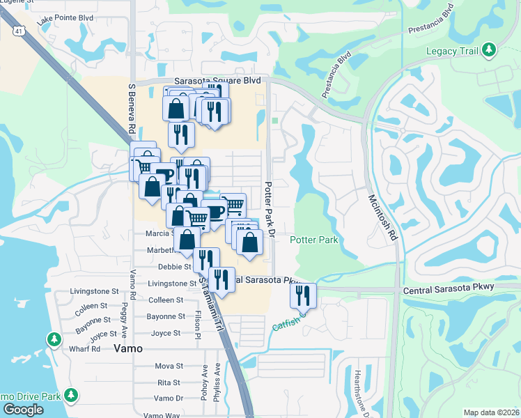 map of restaurants, bars, coffee shops, grocery stores, and more near 8461 Morgan Drive in Sarasota