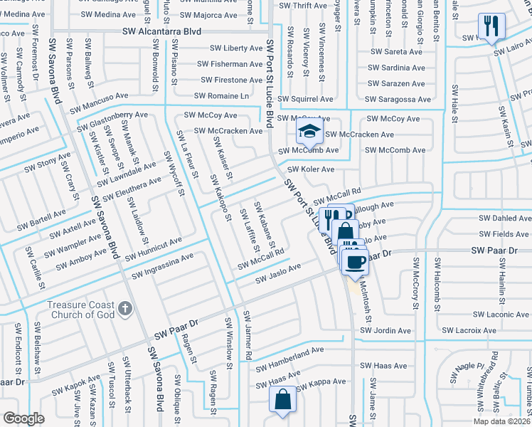 map of restaurants, bars, coffee shops, grocery stores, and more near 3921 Southwest Kabane Street in Port St. Lucie