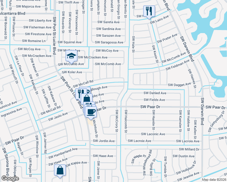 map of restaurants, bars, coffee shops, grocery stores, and more near 625 Southwest Jacoby Avenue in Port St. Lucie