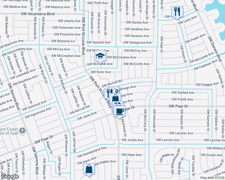 map of restaurants, bars, coffee shops, grocery stores, and more near 801 Southwest McCullough Avenue in Port St. Lucie