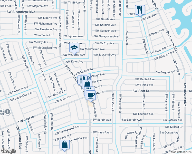 map of restaurants, bars, coffee shops, grocery stores, and more near 742 Southwest McCullough Avenue in Port Saint Lucie