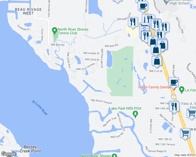 map of restaurants, bars, coffee shops, grocery stores, and more near 1849 Northwest Pine Tree Way in Stuart