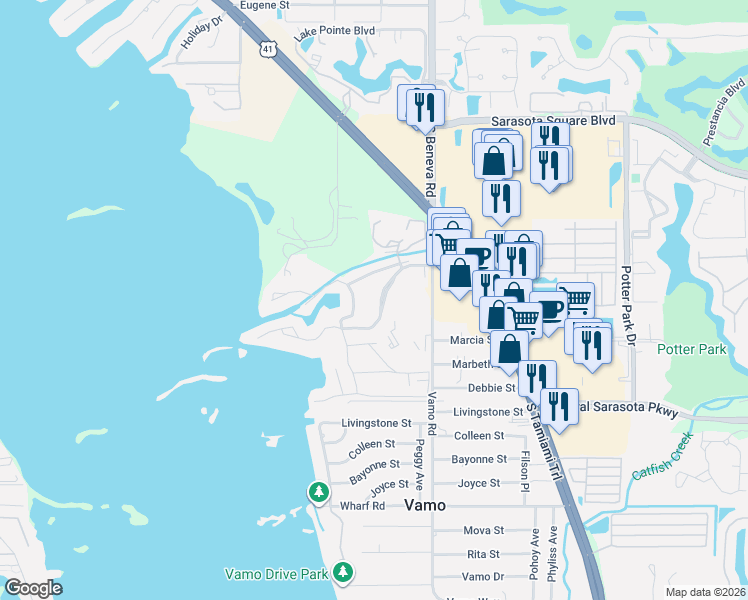 map of restaurants, bars, coffee shops, grocery stores, and more near 1615 Pelican Point Drive in Sarasota