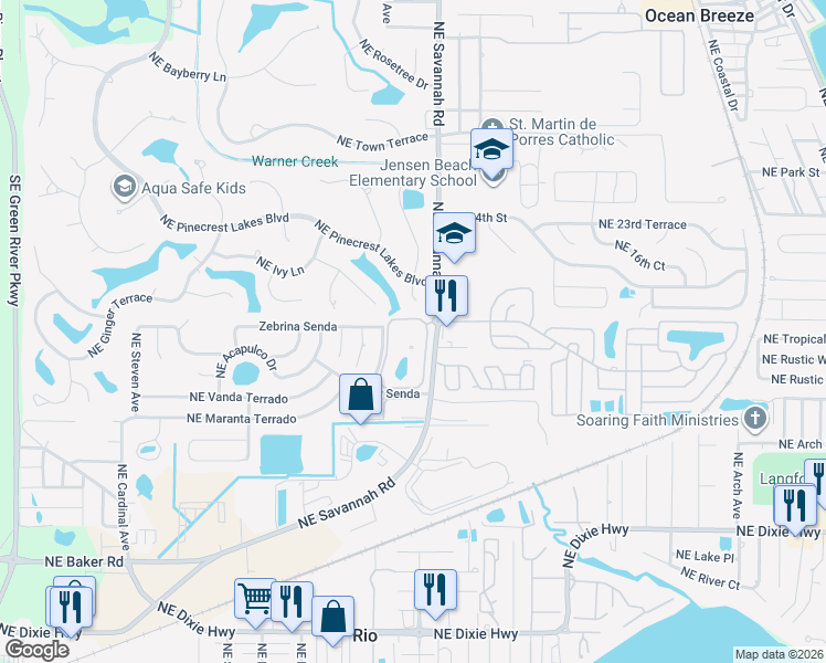 map of restaurants, bars, coffee shops, grocery stores, and more near 1985 Northeast Collins Circle in Jensen Beach