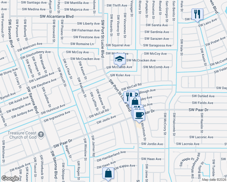 map of restaurants, bars, coffee shops, grocery stores, and more near 927 Southwest McCall Road in Port St. Lucie