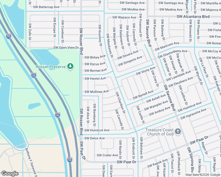 map of restaurants, bars, coffee shops, grocery stores, and more near 1542 Southwest Mullinax Avenue in Port St. Lucie