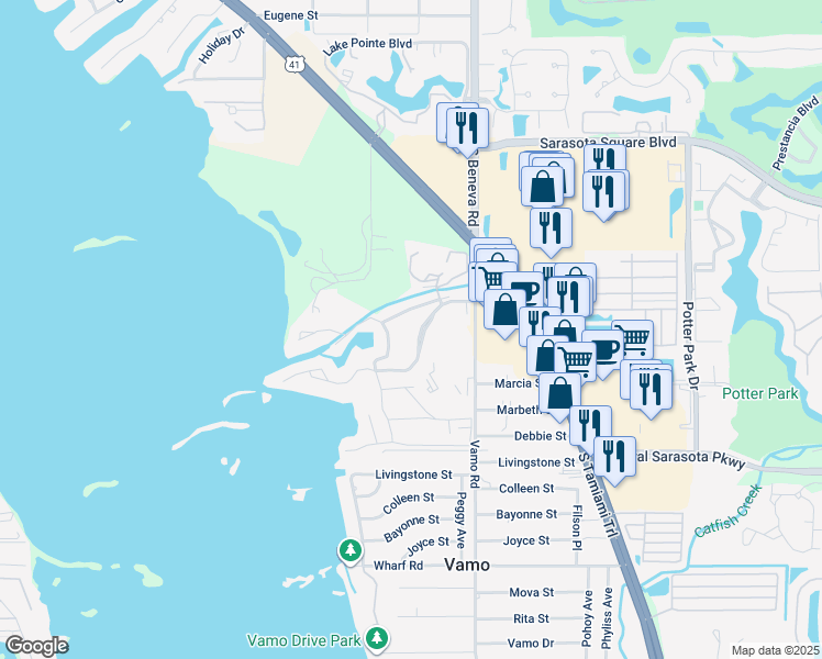 map of restaurants, bars, coffee shops, grocery stores, and more near 1508 Pelican Cove Road in Sarasota