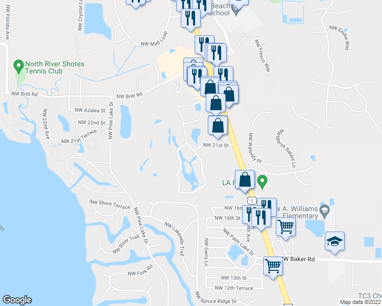 map of restaurants, bars, coffee shops, grocery stores, and more near 1225 Northwest 21st Street in Stuart