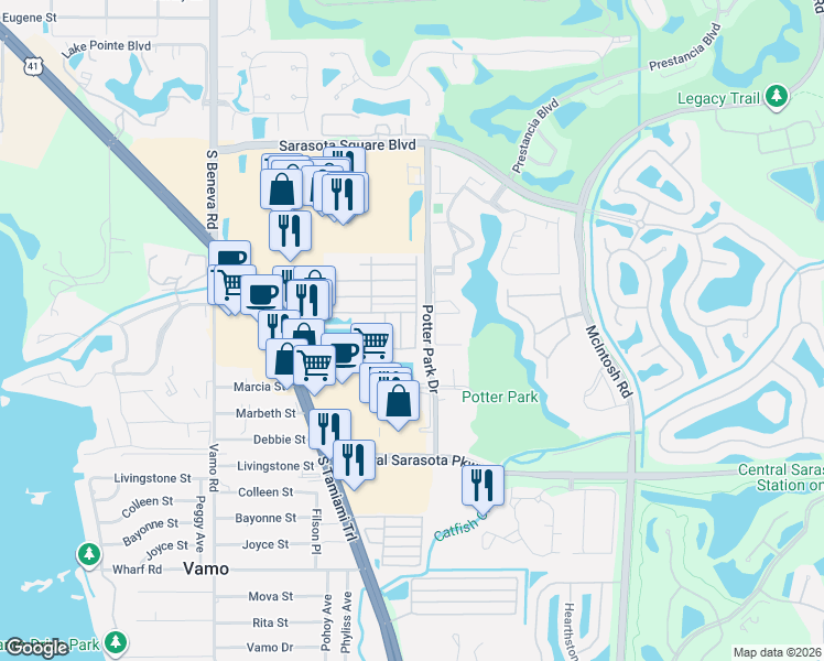 map of restaurants, bars, coffee shops, grocery stores, and more near 8361 Morgan Drive in Sarasota